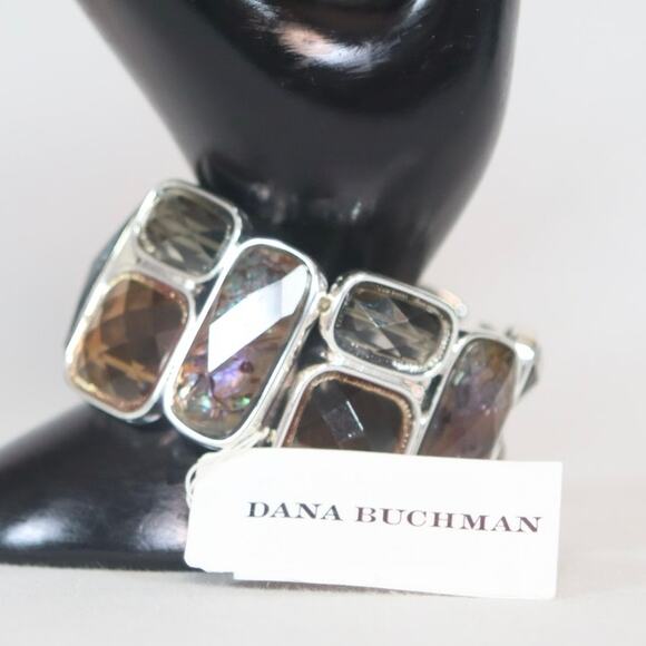 Dana Buchman Stretch Bracelet Silver Tone Bezel Faceted Brown Colored Stones - Picture 3 of 9